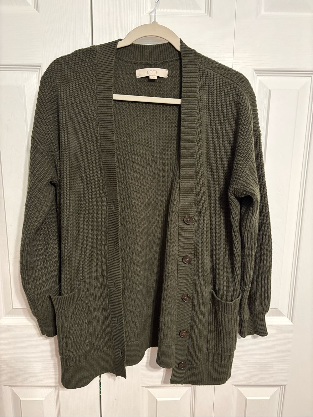 LOFT Olive Green Ribbed Button-Front Women's Cardigan Sweater